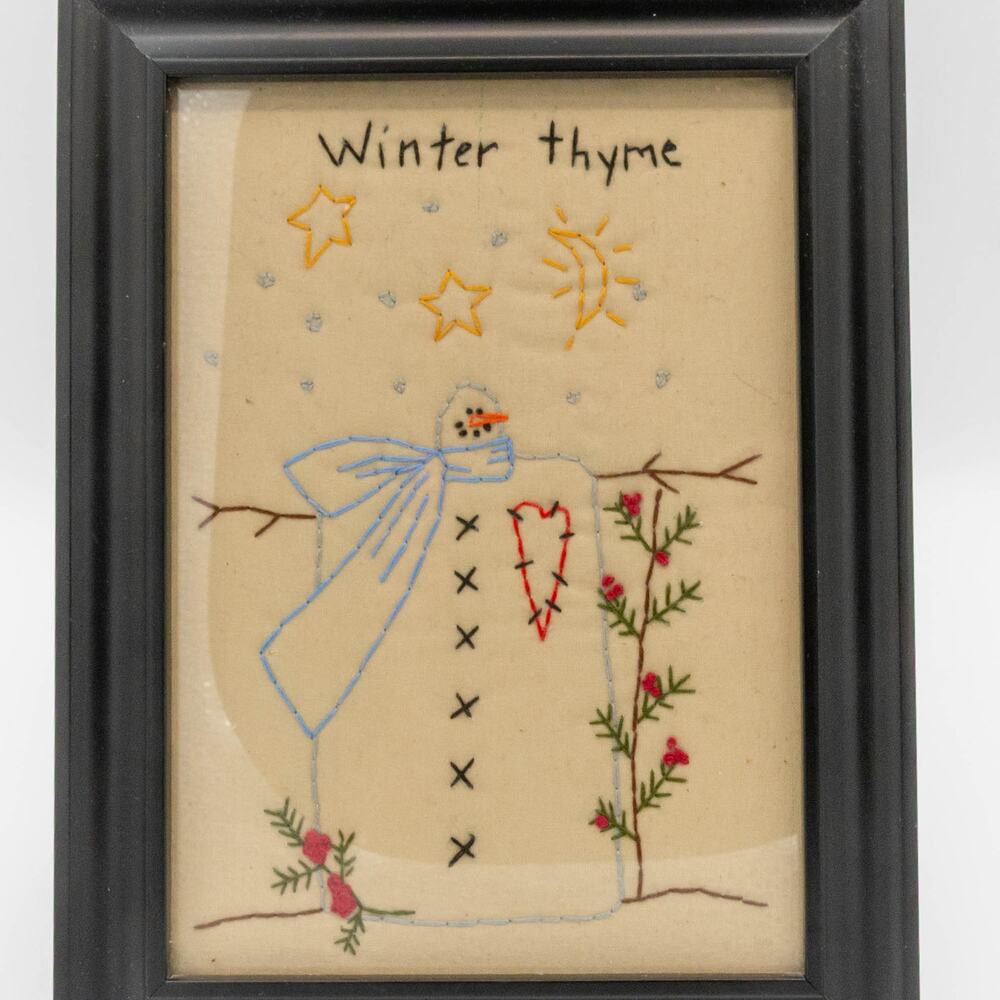 Handmade Embroidery Winter Thyme Snowman Christmas Tree Stars Snowflakes Framed